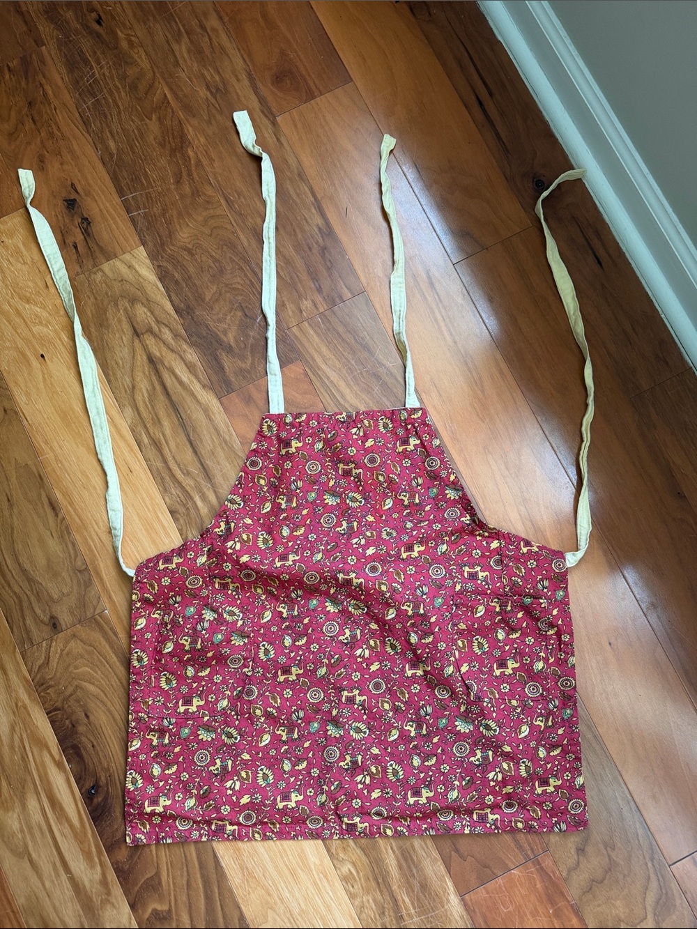 Kids Red Floral & Animal Printed Apron with Cream Ties